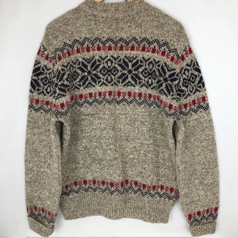 Vintage L.L. Bean Fair Isle Wool Sweater Size L Nordic Snowflake Crewneck USA